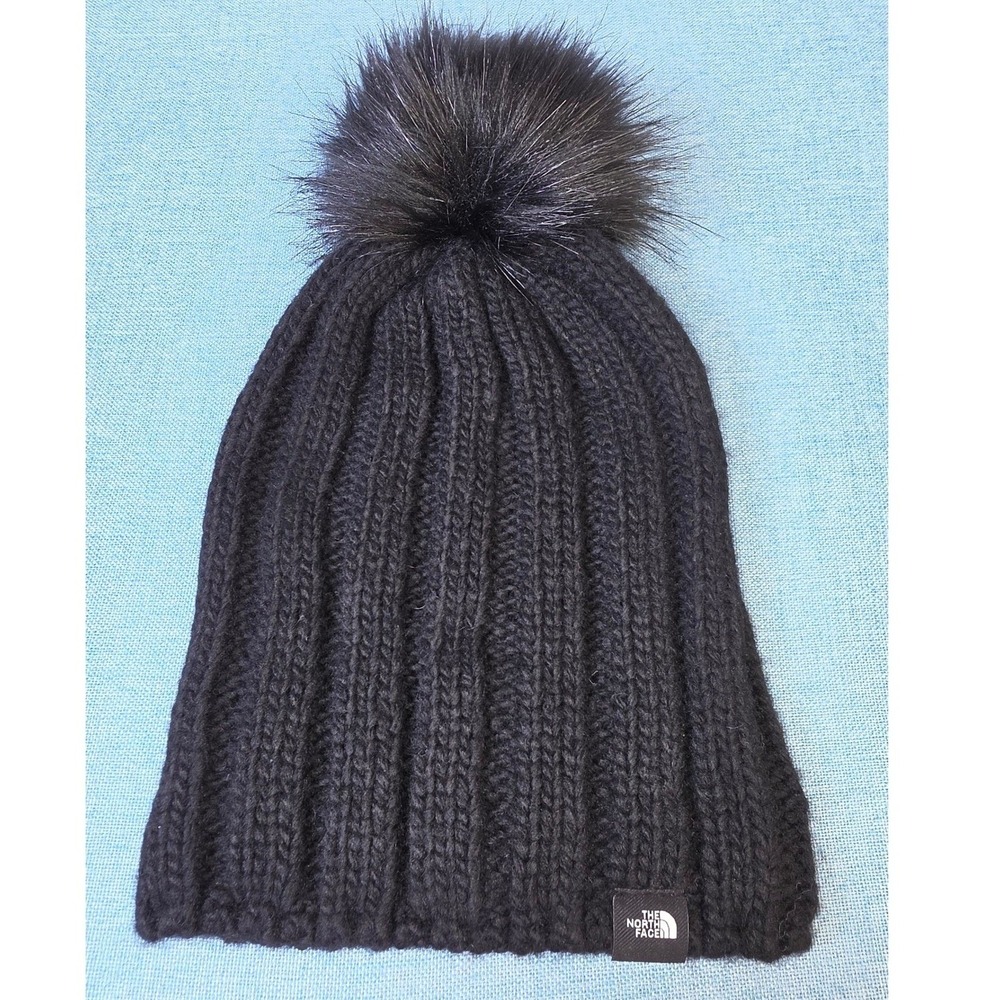 The North Face Oh-Mega Fur Pom Beanie Black Cable Knit Faux Fur Winter Hat OS